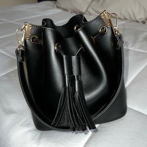 Black leather bucket purse